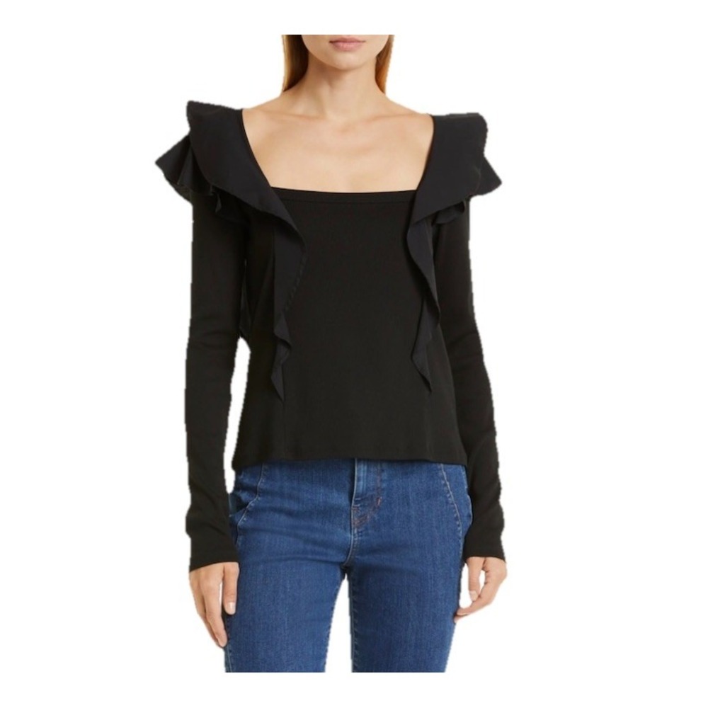 Veronica Beard Gidea Ruffle Mixed Media Knit Top Black Long Sleeve Womens Size M